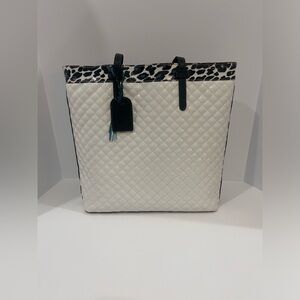 CONSUELA Quilted White Tote w/ Blue & Black Cheetah Print Trim